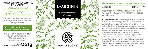 L-Arginin Kapseln - 365 Stück. Hochdosiert mit 4500 mg L-Arginin HCL (entspricht 3750 mg reinem L-Arginin) pro Tagesdosis. Aus pflanzlicher Fermentation. Vegan, hergestellt in Deutschland - 6